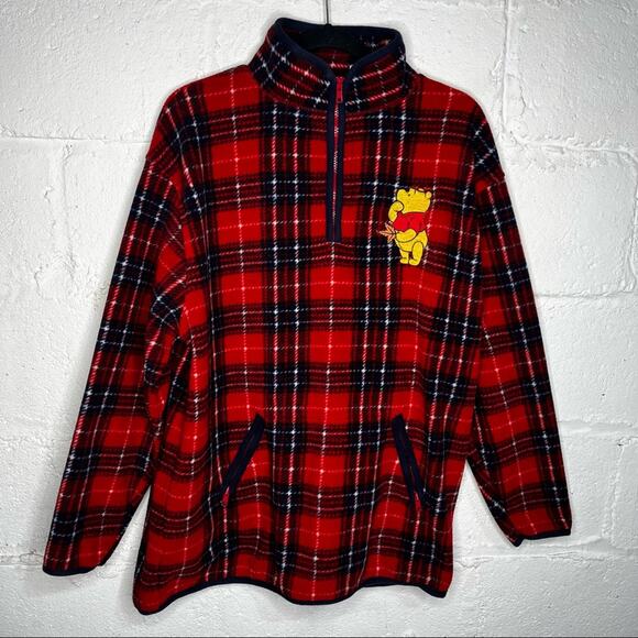 Disney Winnie The Pooh Vintage Red Plaid Quarter Zip Pullover Fleece Size Large - Picture 1 of 7